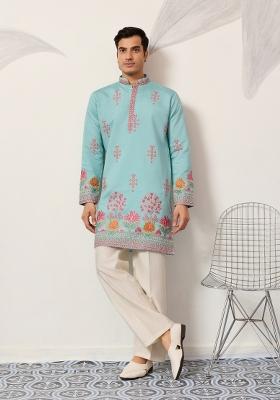 Sky Blue Embroidered Silk Kurta For Men