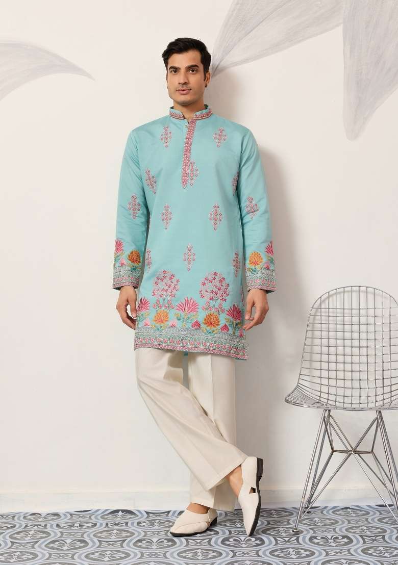 Sky Blue Embroidered Silk Blend Kurta For Men - Indya
