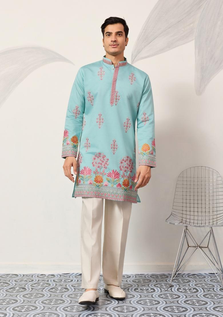 Sky Blue Embroidered Silk Kurta For Men - Indya