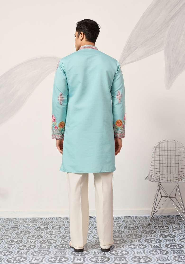 Sky Blue Embroidered Silk Blend Kurta For Men - Indya