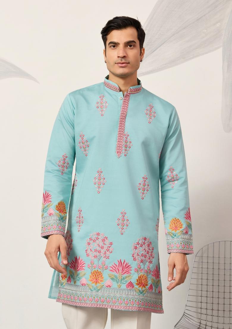Sky Blue Embroidered Silk Kurta For Men - Indya
