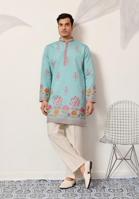 Sky Blue Embroidered Silk Blend Kurta For Men