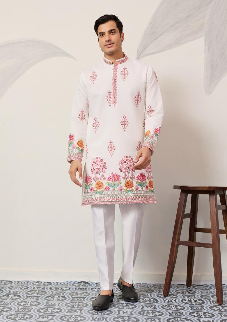 White Embroidered Silk Kurta For Men - Indya