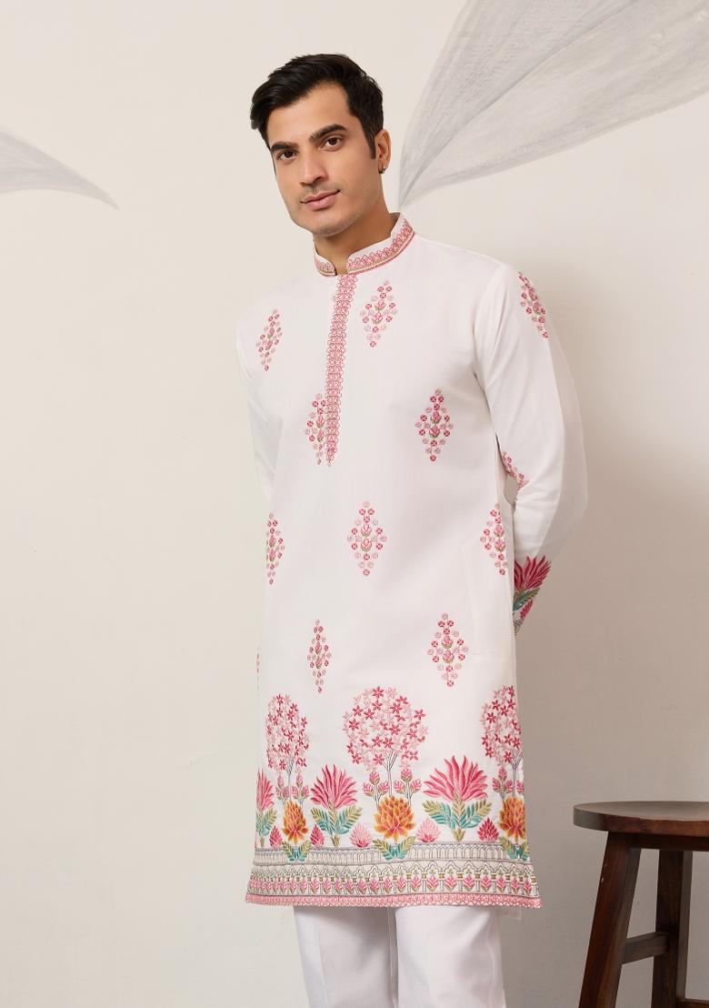 White Embroidered Silk Kurta For Men - Indya