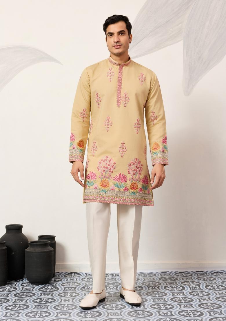 Yellow Embroidered Silk Kurta For Men - Indya