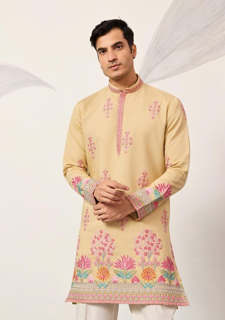 Yellow Embroidered Silk Kurta For Men - Indya