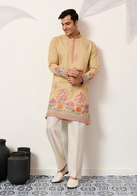Yellow Embroidered Silk Kurta For Men