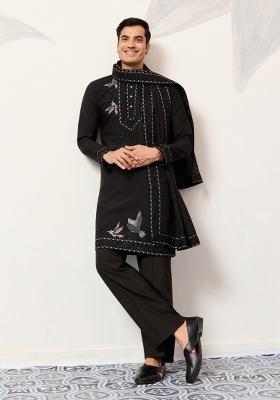 Black Embroidered Silk Kurta For Men