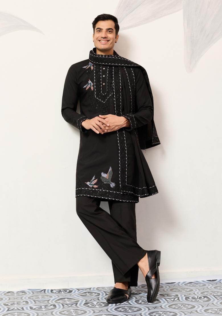 Black Embroidered Silk Kurta For Men - Indya