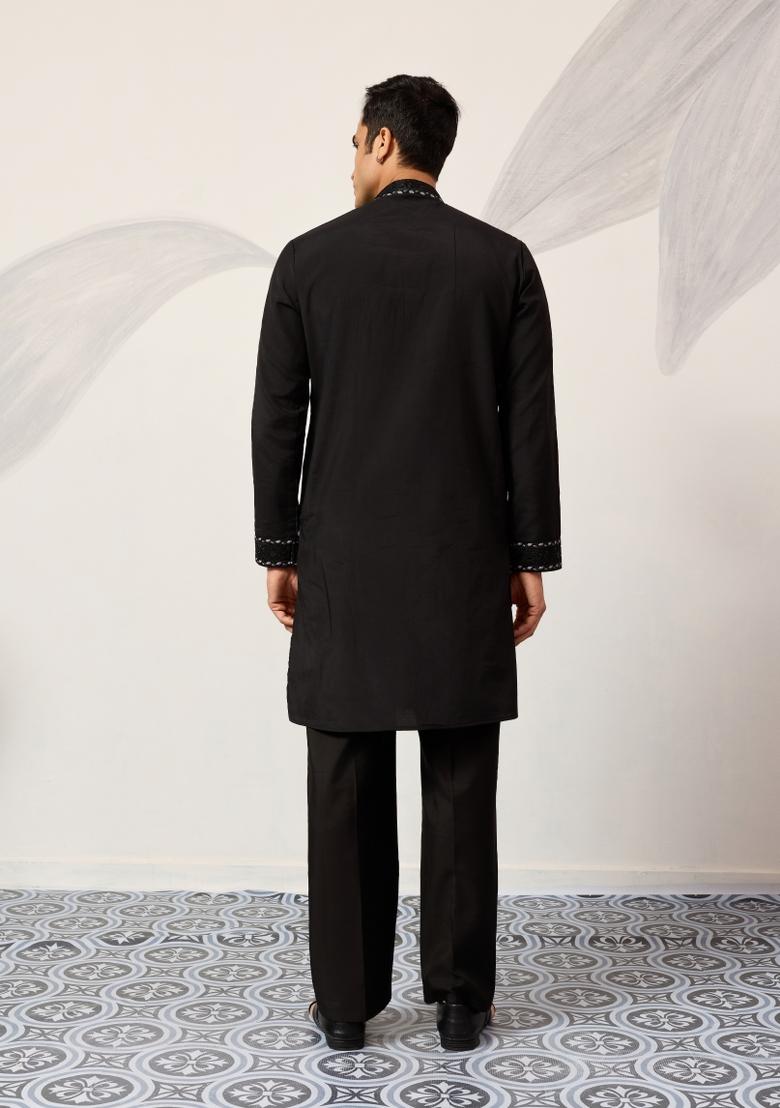 Black Embroidered Silk Kurta For Men - Indya