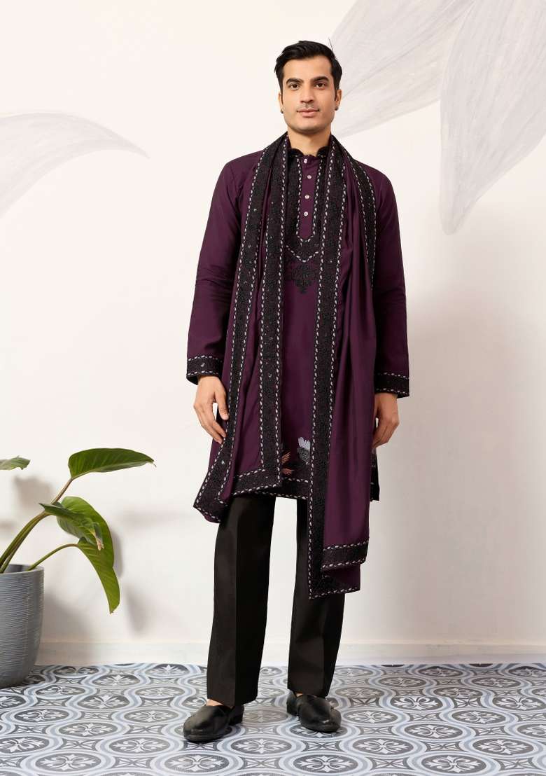 Purple Embroidered Silk Blend Kurta For Men - Indya