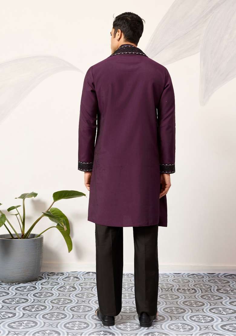 Purple Embroidered Silk Blend Kurta For Men - Indya