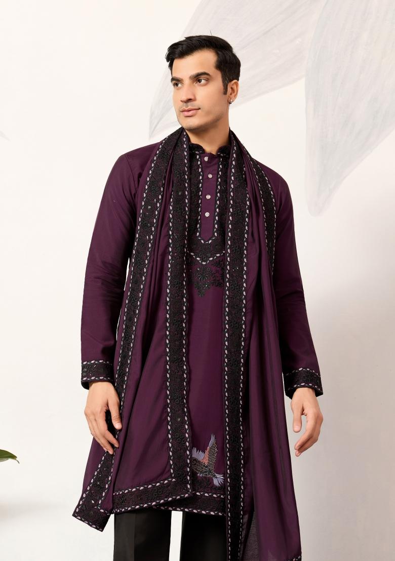 Purple Embroidered Silk Kurta For Men - Indya
