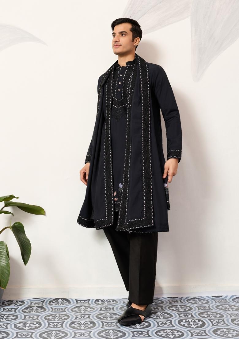 Navy Blue Embroidered Silk Kurta For Men - Indya