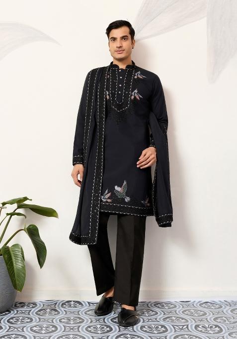 Navy Blue Embroidered Silk Blend Kurta For Men