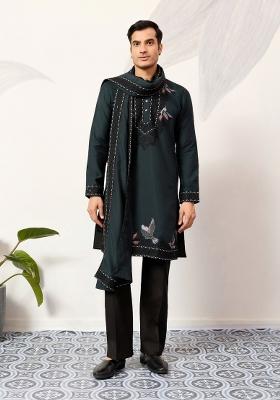 Green Embroidered Silk Kurta For Men