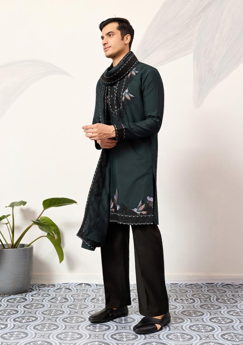 Green Embroidered Silk Kurta For Men - Indya