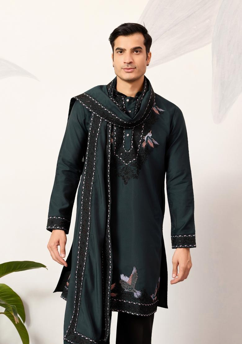 Green Embroidered Silk Kurta For Men - Indya