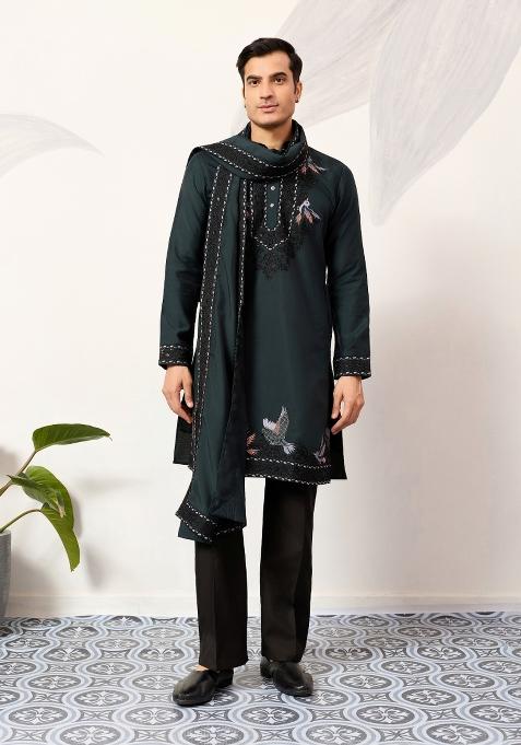 Green Embroidered Silk Blend Kurta For Men