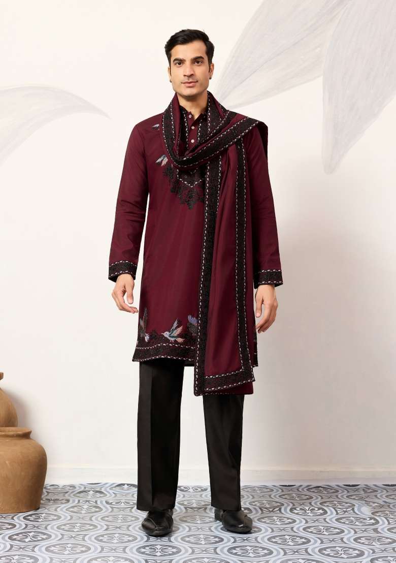 Maroon Embroidered Silk Blend Kurta For Men - Indya