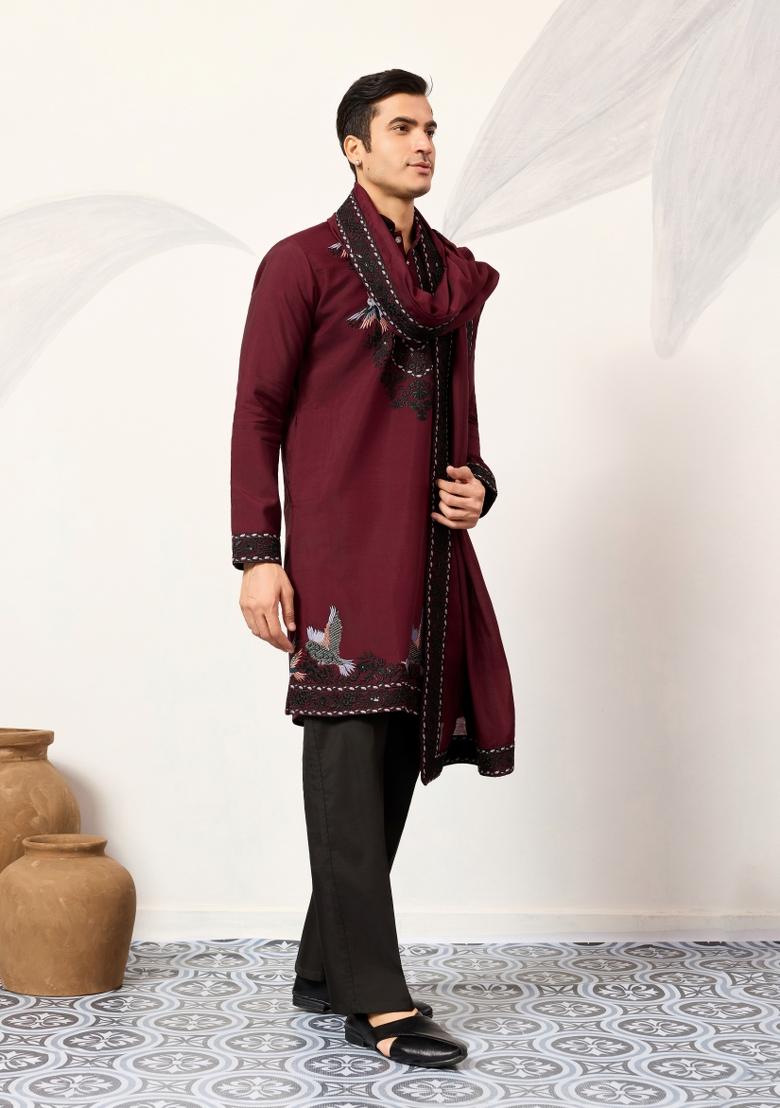 Maroon Embroidered Silk Kurta For Men - Indya