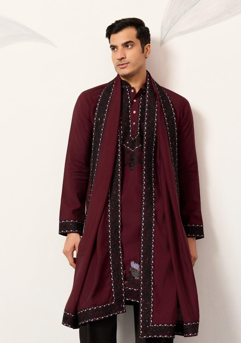 Maroon Embroidered Silk Kurta For Men - Indya