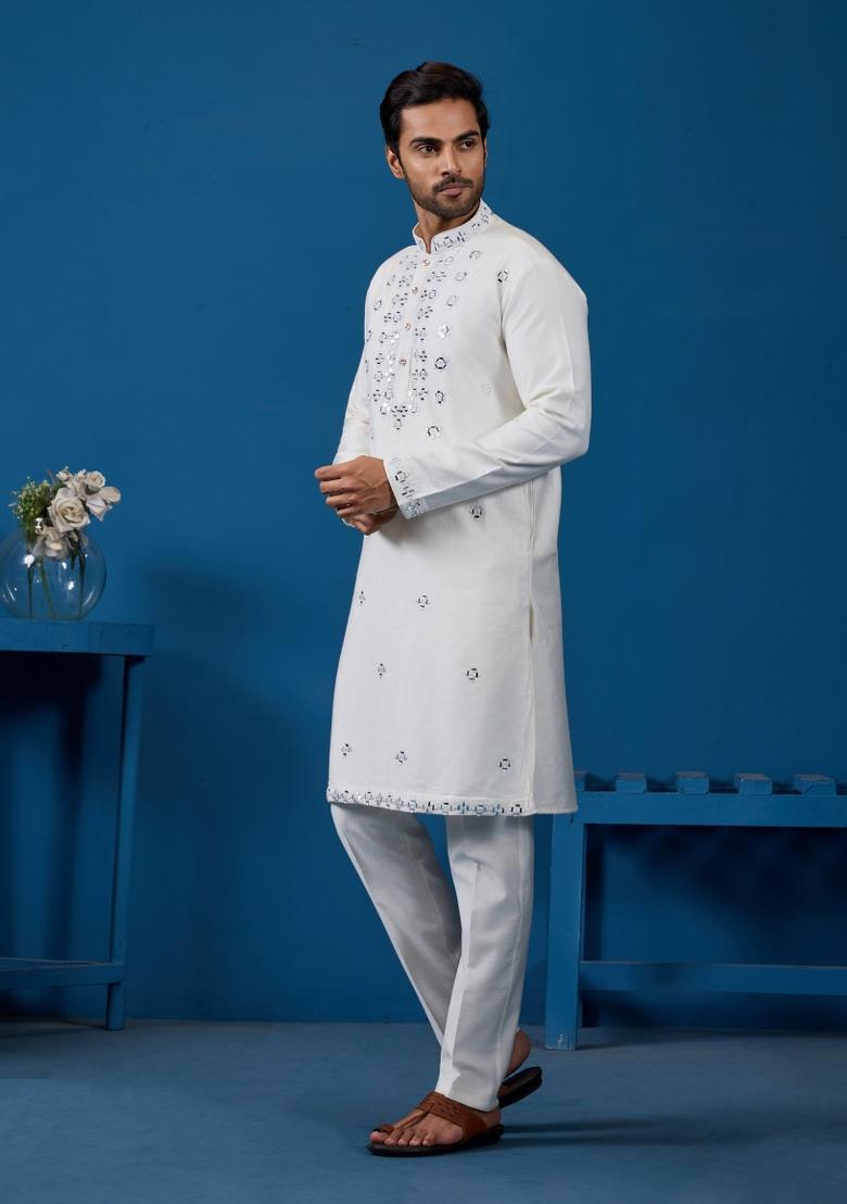 White Embroidered Silk Kurta Set For Men - Indya
