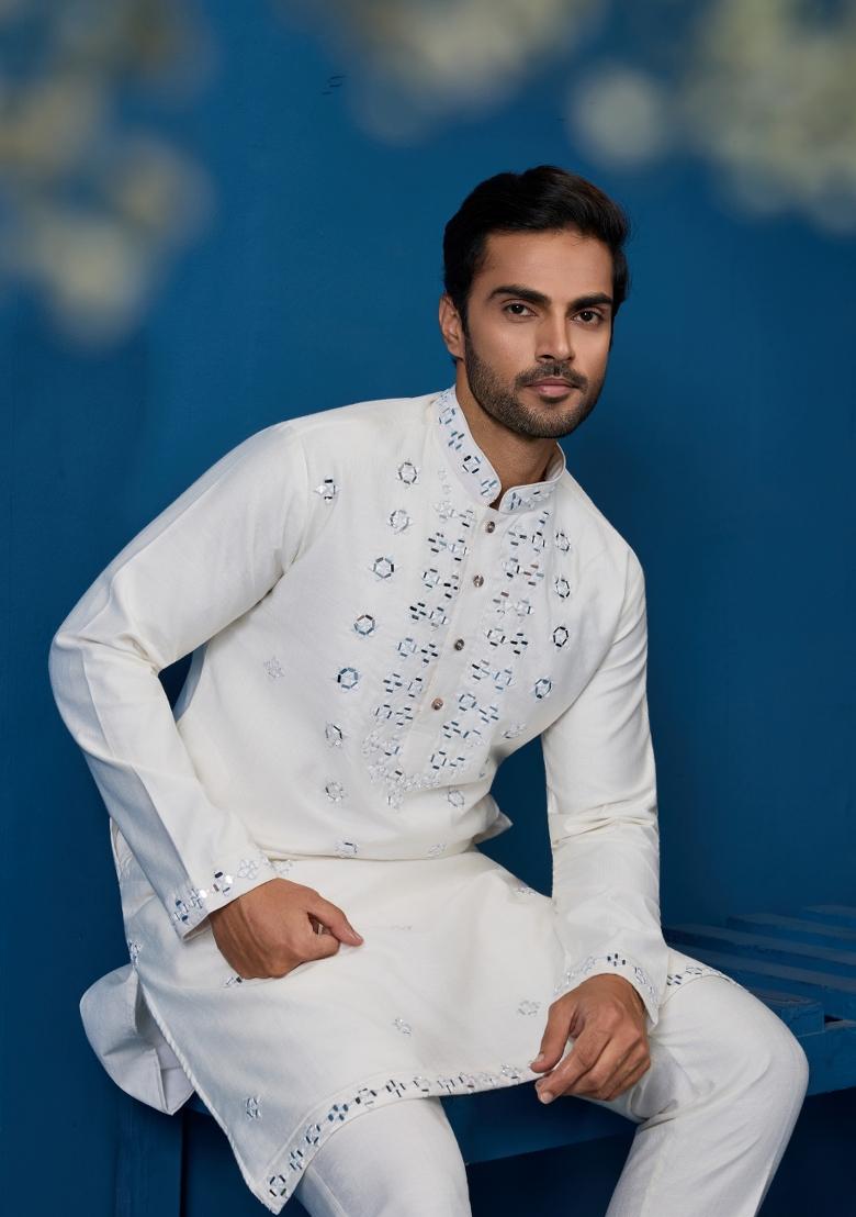 White Embroidered Silk Kurta Set For Men - Indya