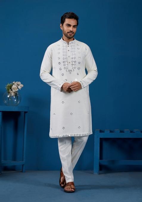 White Embroidered Silk Kurta Set For Men