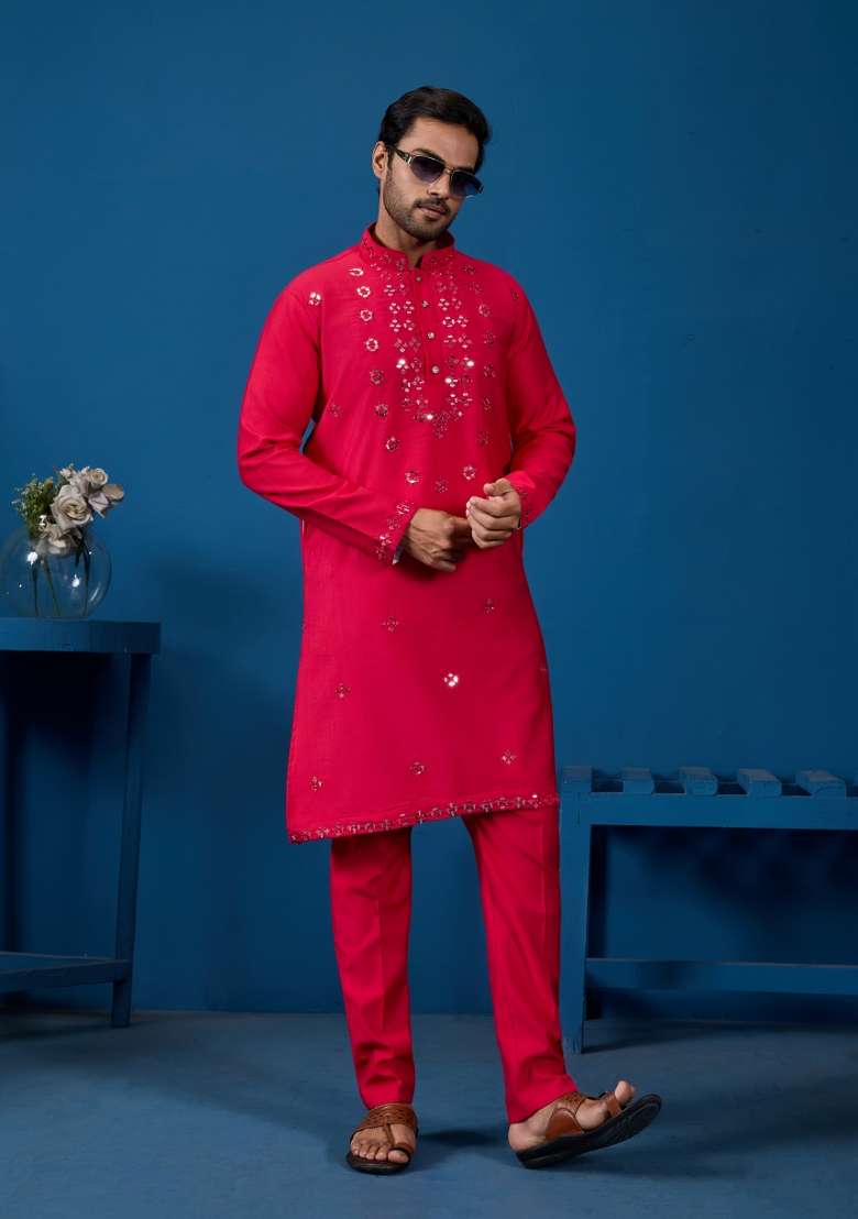 Rani Pink Embroidered Silk Blend Kurta Set For Men - Indya
