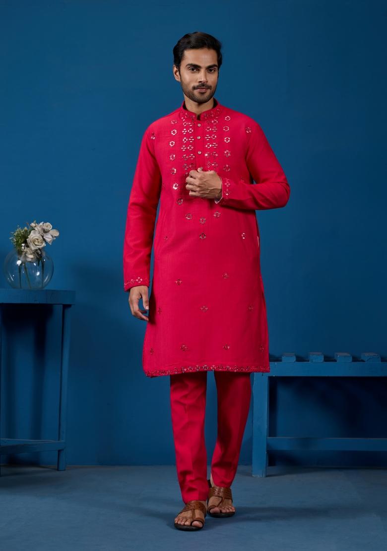 Rani Pink Embroidered Silk Kurta Set For Men - Indya