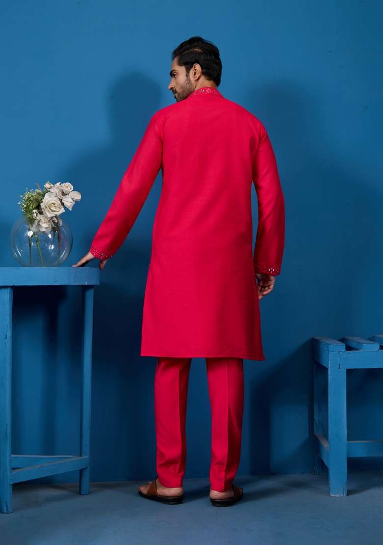 Rani Pink Embroidered Silk Blend Kurta Set For Men - Indya