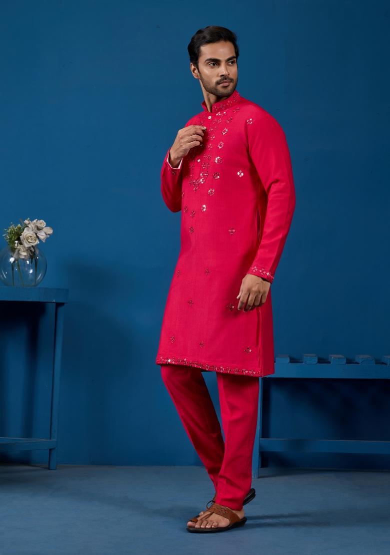 Rani Pink Embroidered Silk Kurta Set For Men - Indya