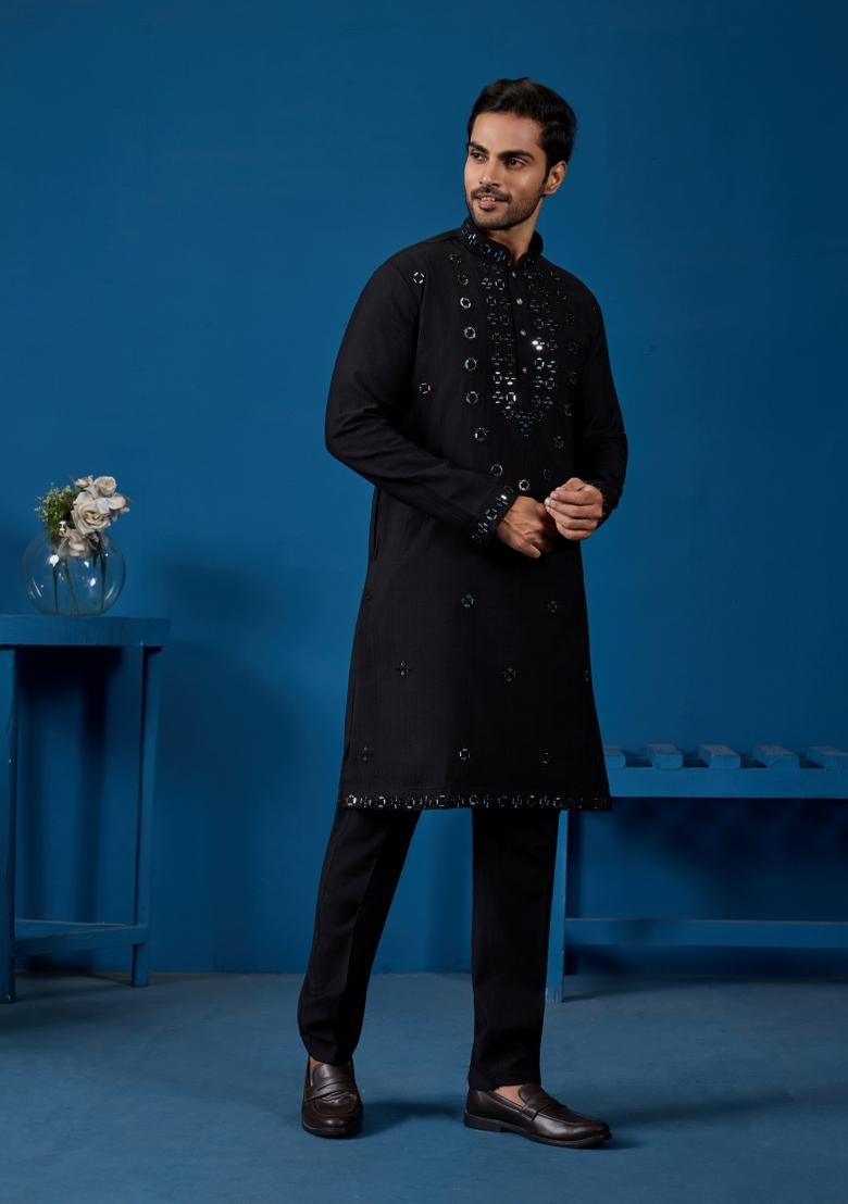 Black Embroidered Silk Kurta Set For Men - Indya