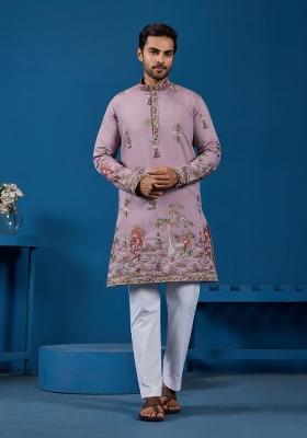 Sky Blue Embroidered Silk Kurta For Men