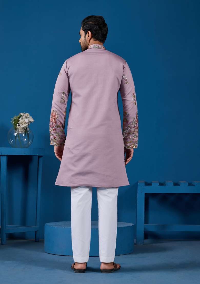 Sky Blue Embroidered Silk Blend Kurta For Men - Indya