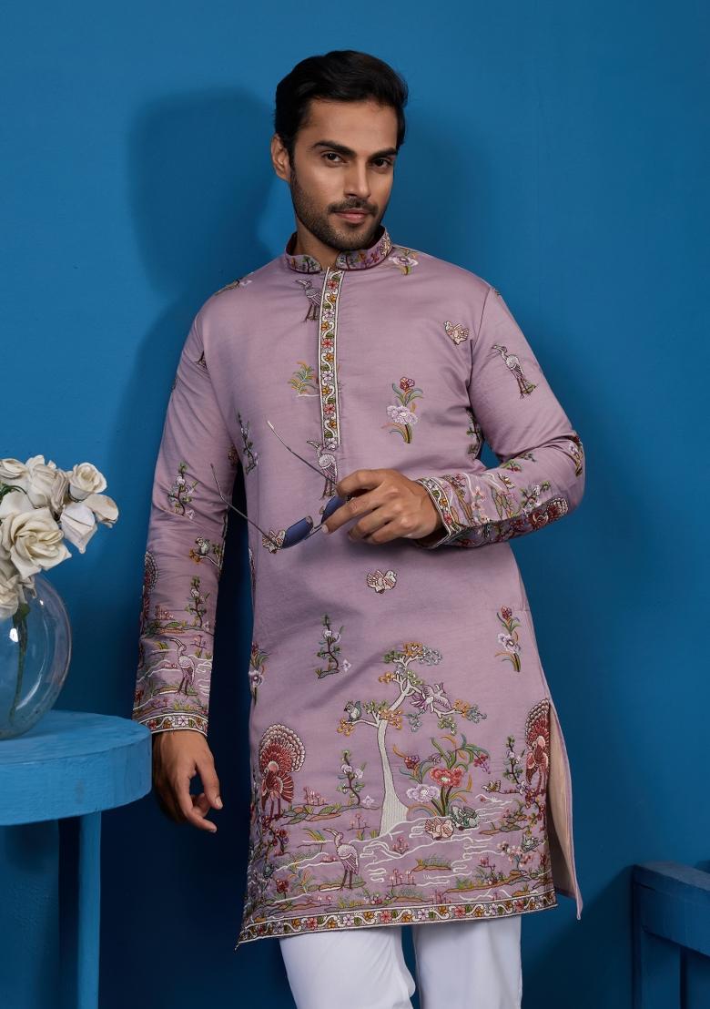 Sky Blue Embroidered Silk Kurta For Men - Indya