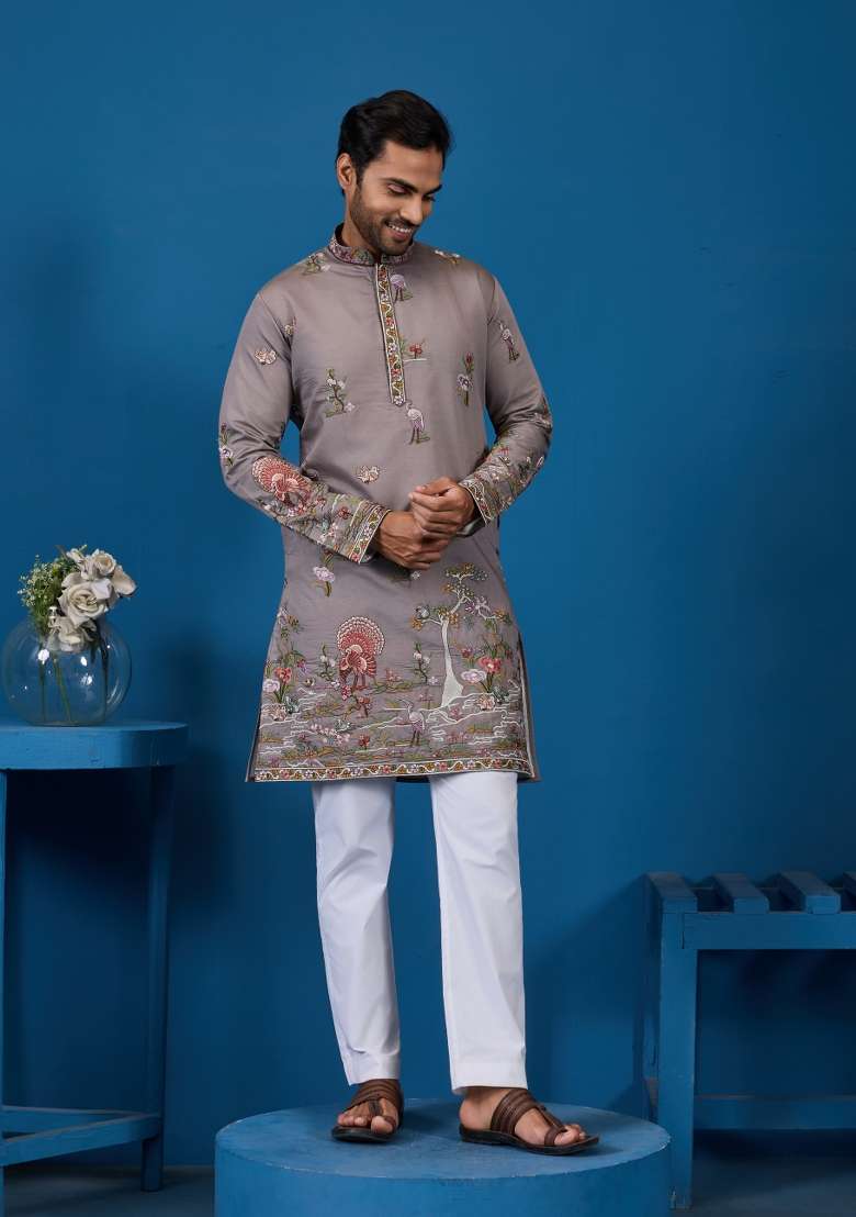 Grey Embroidered Silk Blend Kurta For Men - Indya
