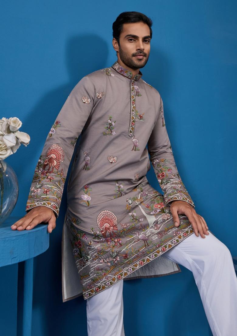 Grey Embroidered Silk Kurta For Men - Indya