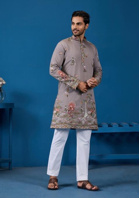 Grey Embroidered Silk Kurta For Men