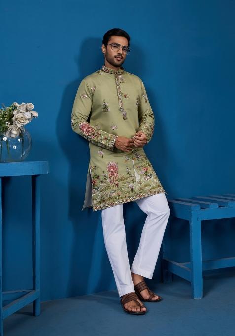 Pista Green Embroidered Silk Blend Kurta For Men