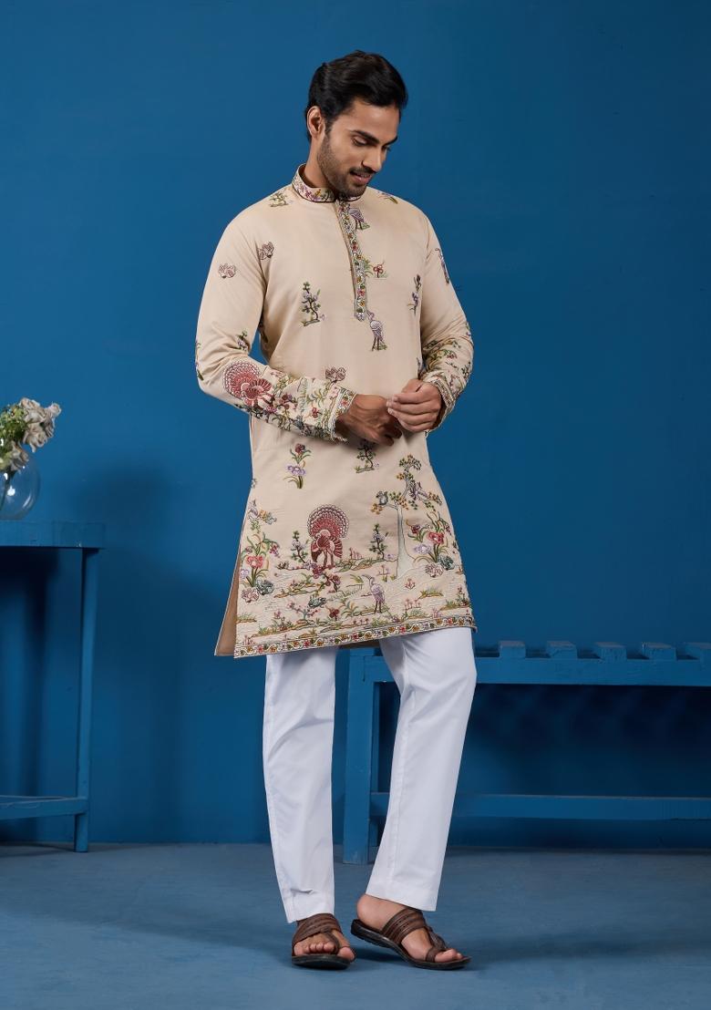 Beige Embroidered Silk Kurta For Men - Indya