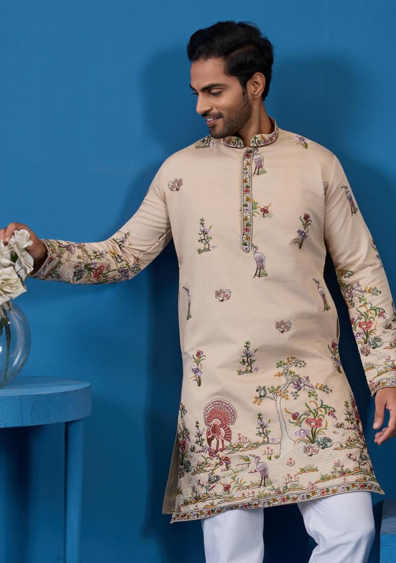 Beige Embroidered Silk Kurta For Men - Indya
