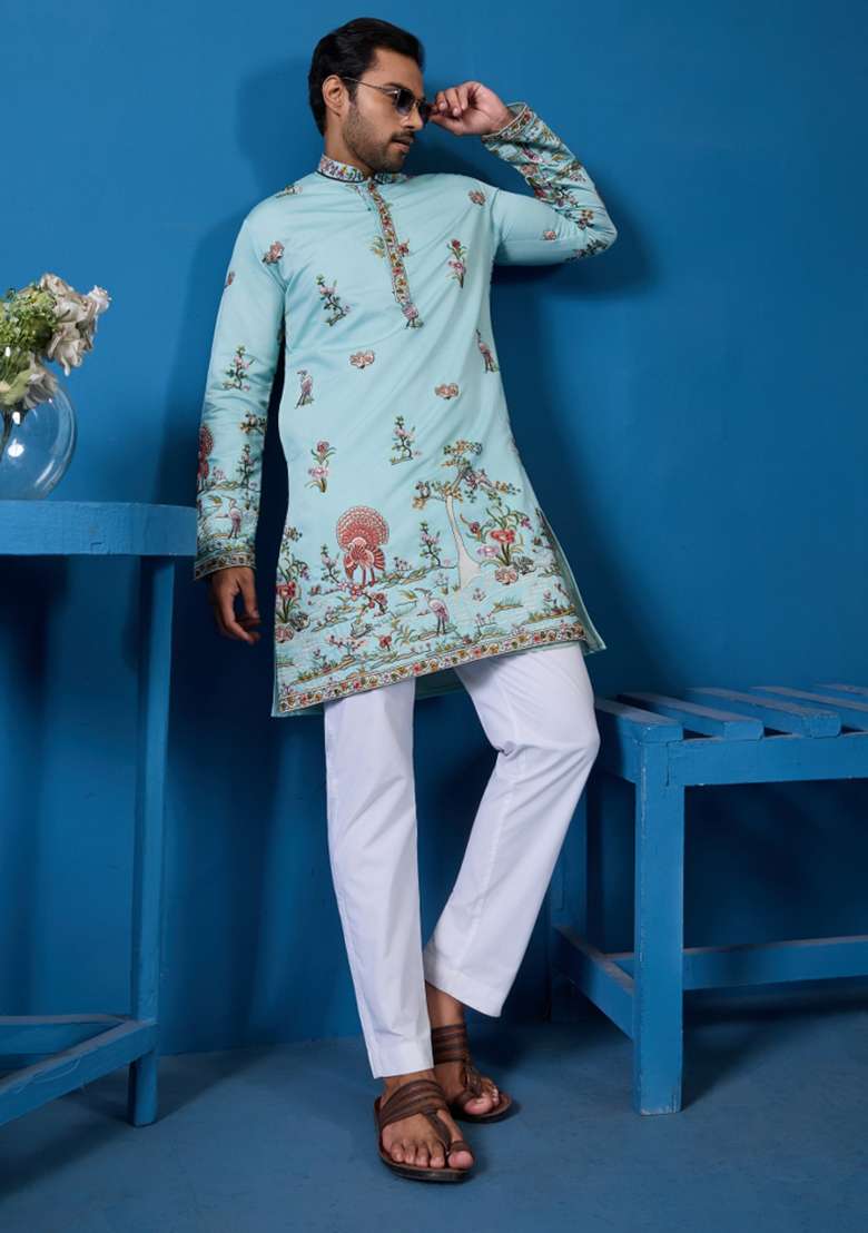 Sky Blue Embroidered Silk Blend Kurta For Men - Indya