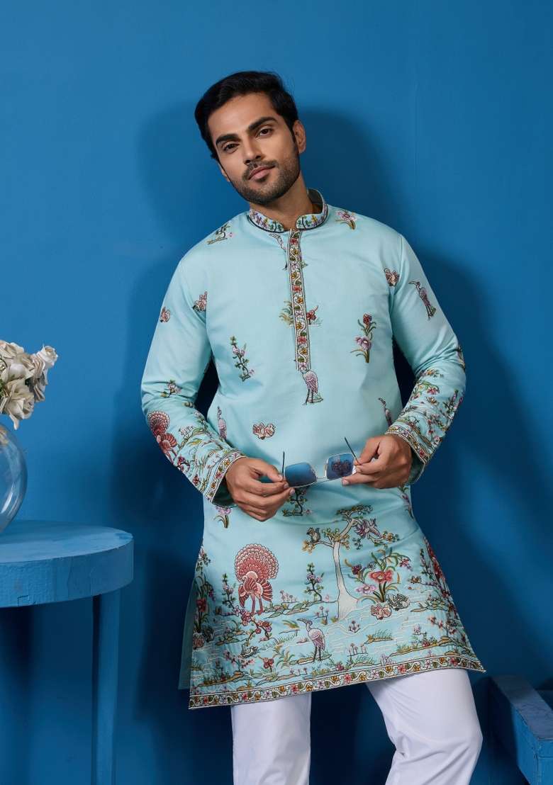 Sky Blue Embroidered Silk Blend Kurta For Men - Indya