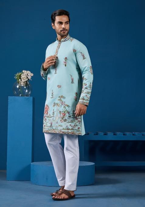 Sky Blue Embroidered Silk Blend Kurta For Men
