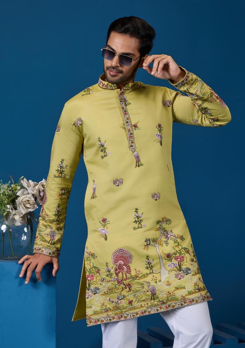 Yellow Embroidered Silk Kurta For Men - Indya