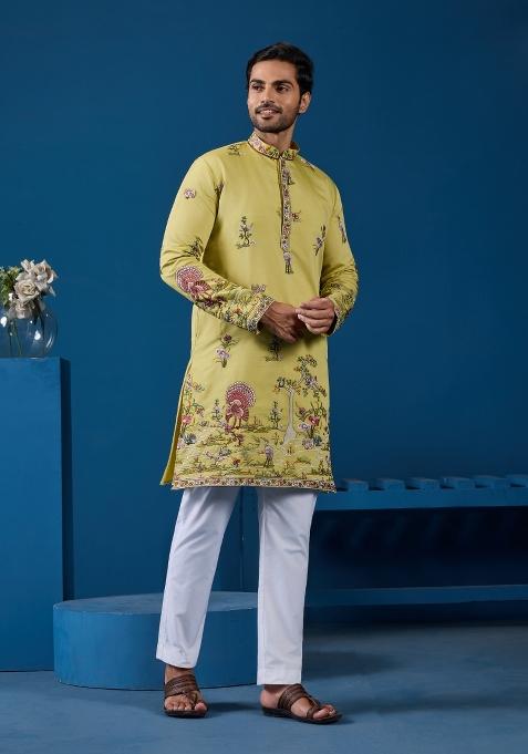 Yellow Embroidered Silk Blend Kurta For Men