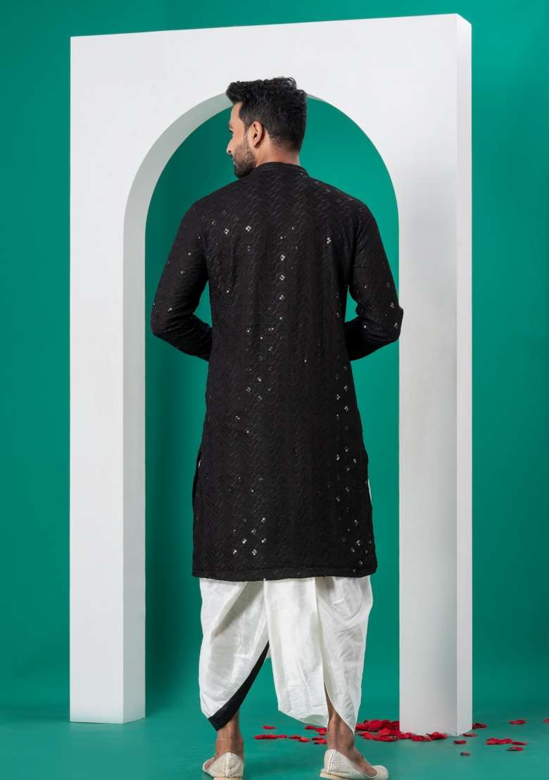 Black Embroidered Cotton Kurta Dhoti Set For Men - Indya