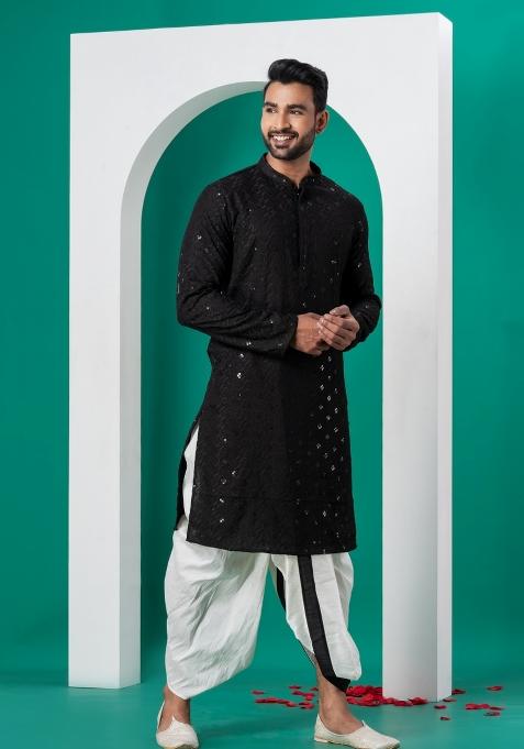 Black Embroidered Cotton Kurta Dhoti Set For Men